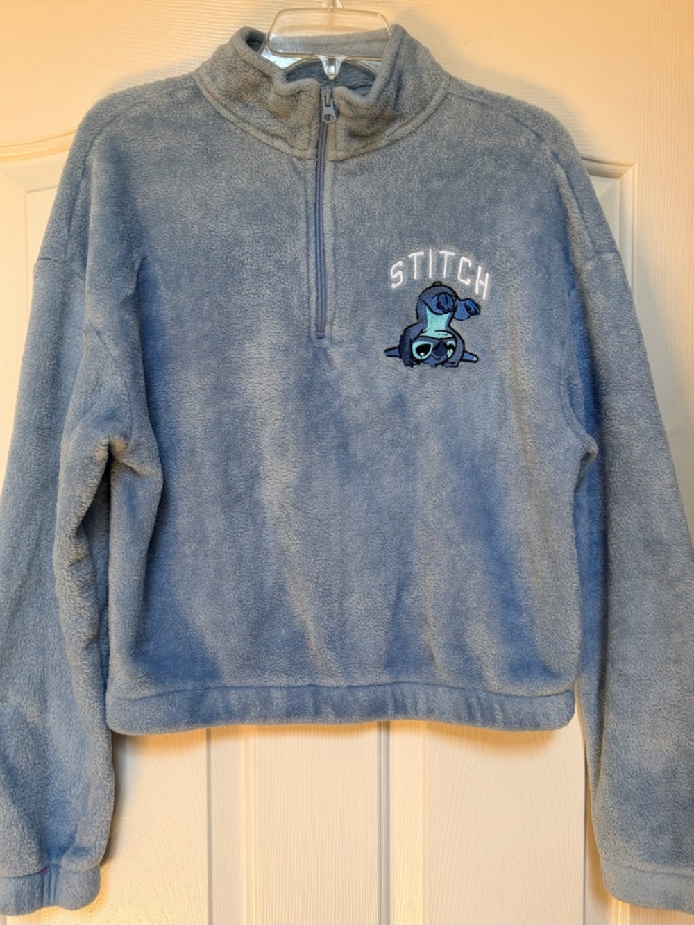 Disney Stitch Fleece Pullover Cropped Blue Quarter Zip Sweatshirt Women S M